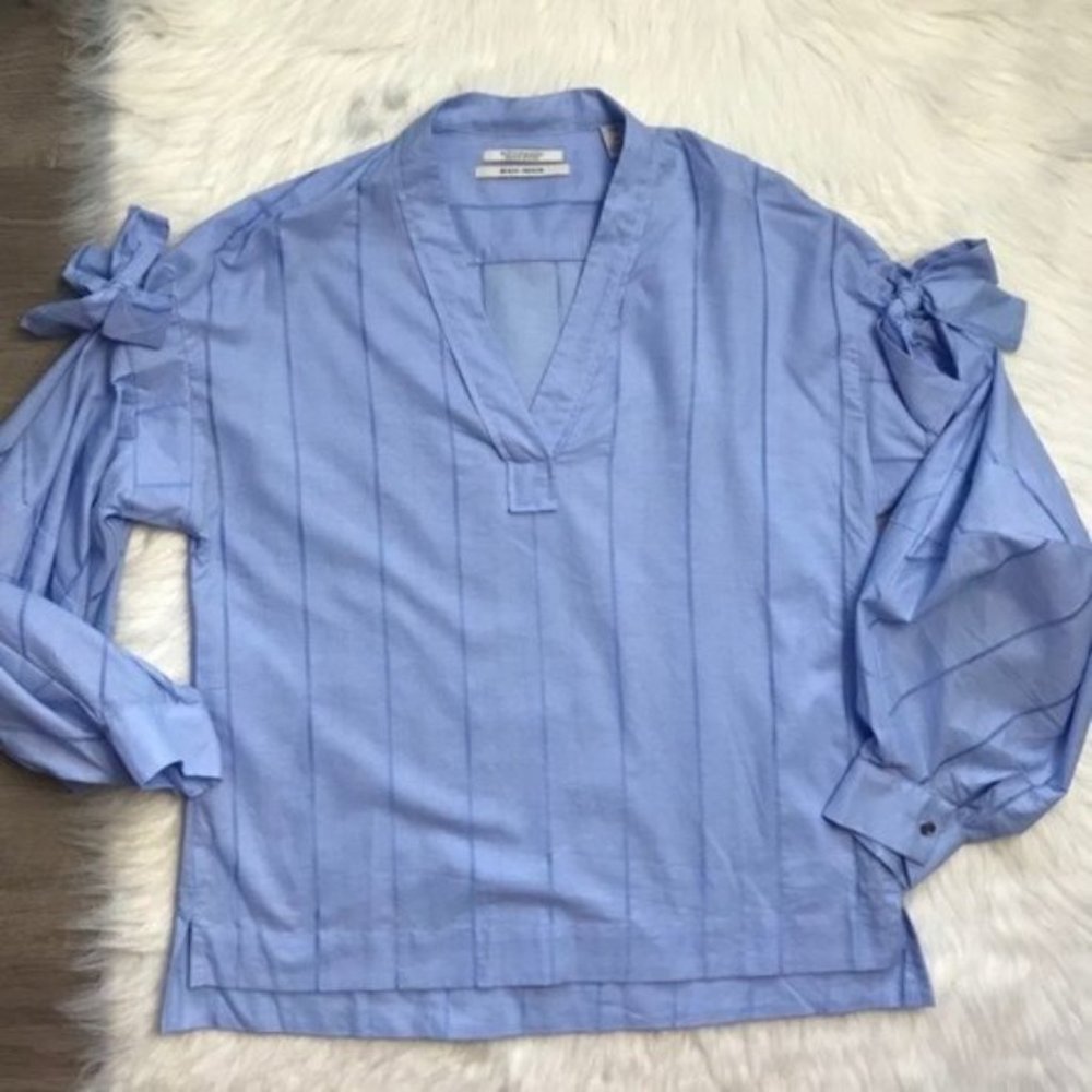 Scotch & Soda Women V-neck Ballon Sleeve Textured Top Blue striped medium